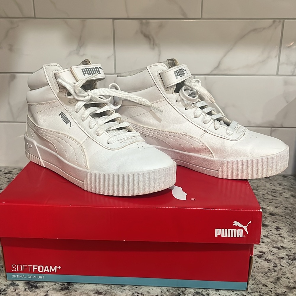 Puma Carina Mid Jr Girls sneaker sz 6C big girls White Softfoam Optimal Comfort - Picture 4 of 12